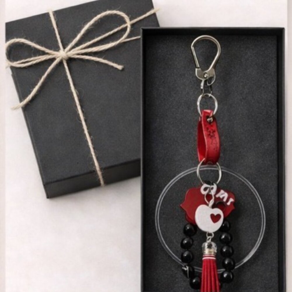 Teacher Life Acrylic Keychain – Red Enamel Heart – Black Bracelet – 8"
